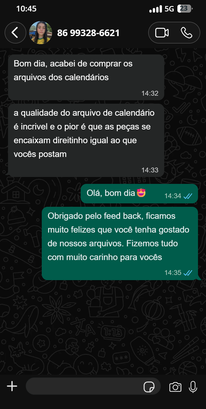 Conversa de cliente elogiando a qualidade dos arquivos de calendário