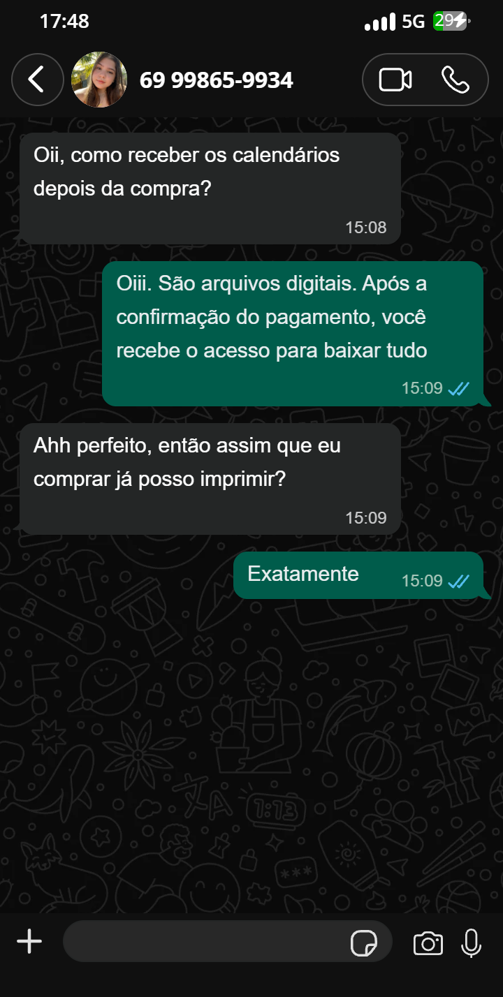 Cliente perguntando como receber os calendários e sendo atendida