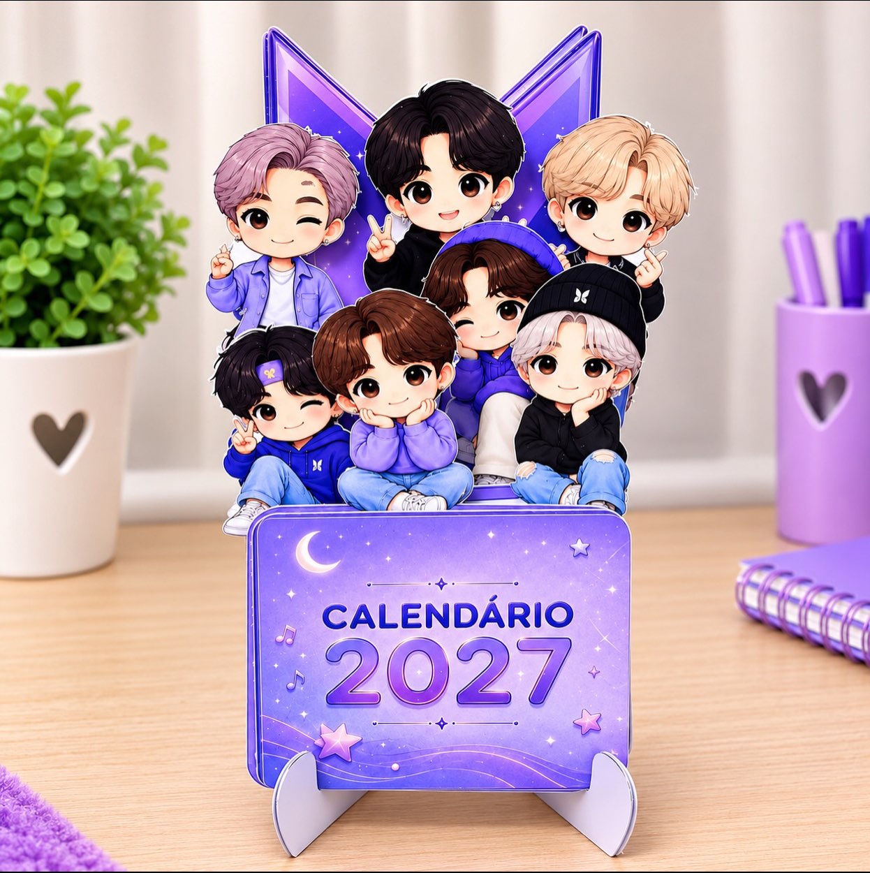Calendário K-pop roxo 2027 montado sobre uma mesa