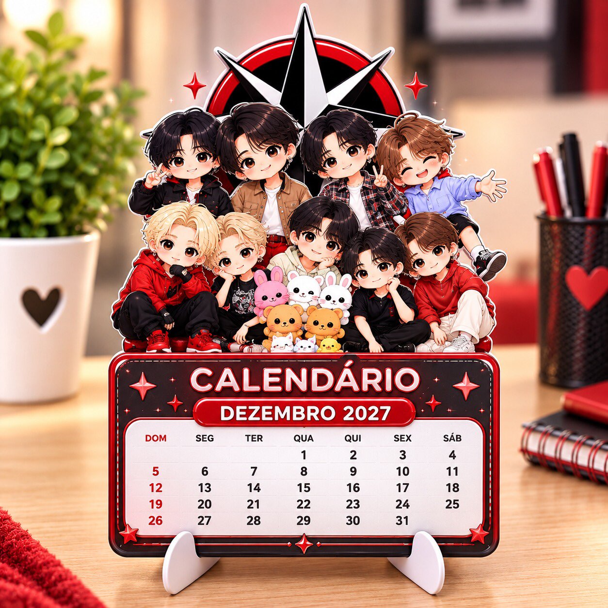 Calendário K-pop vermelho 2027 montado sobre uma mesa
