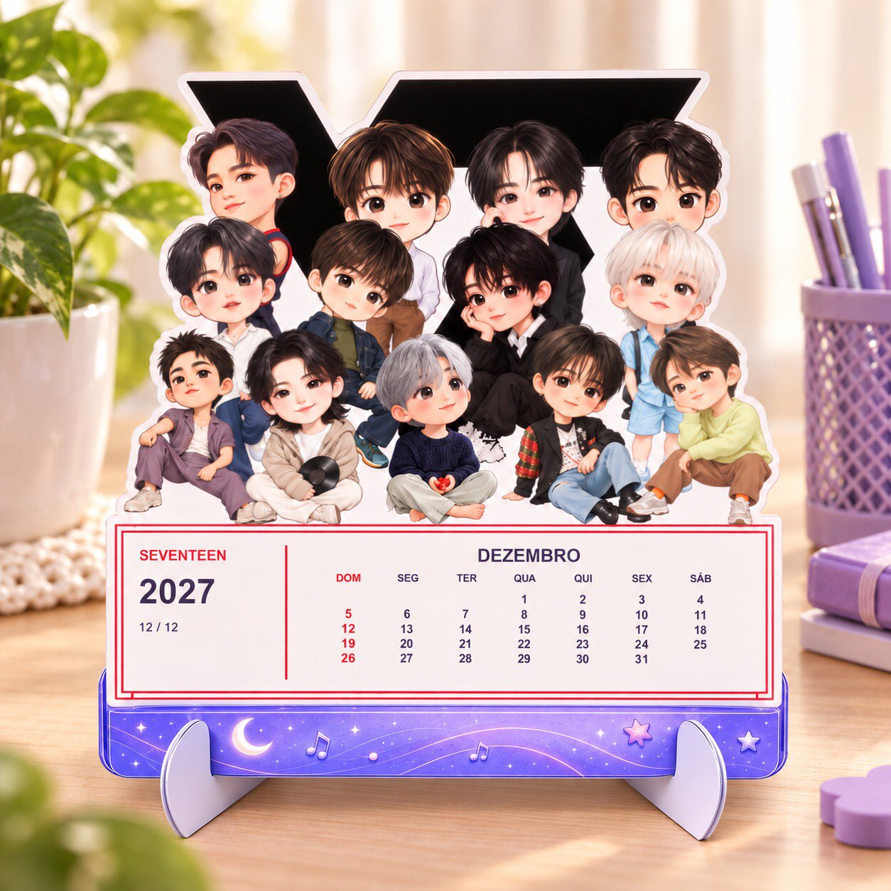 Calendário Seventeen 2027 montado sobre uma mesa