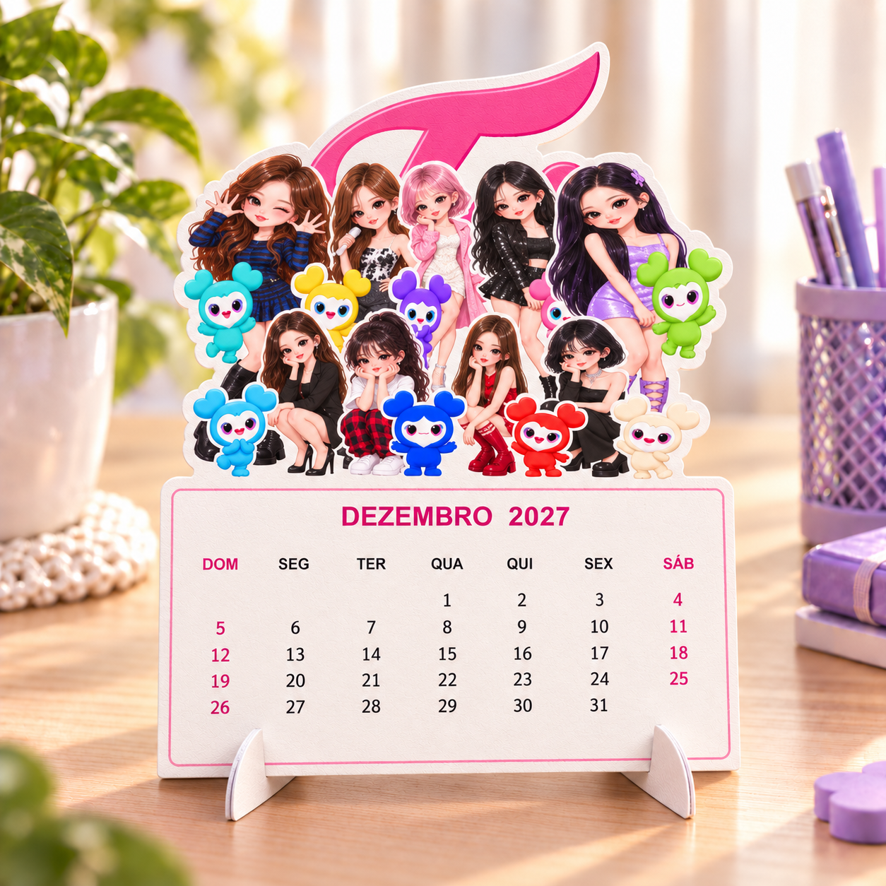 Calendário K-pop de dezembro de 2027 com personagens e idols