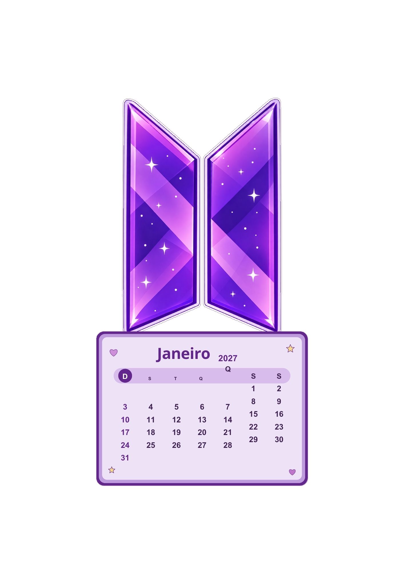 Calendário K-pop de janeiro de 2027 com personagem inspirado em K-pop
