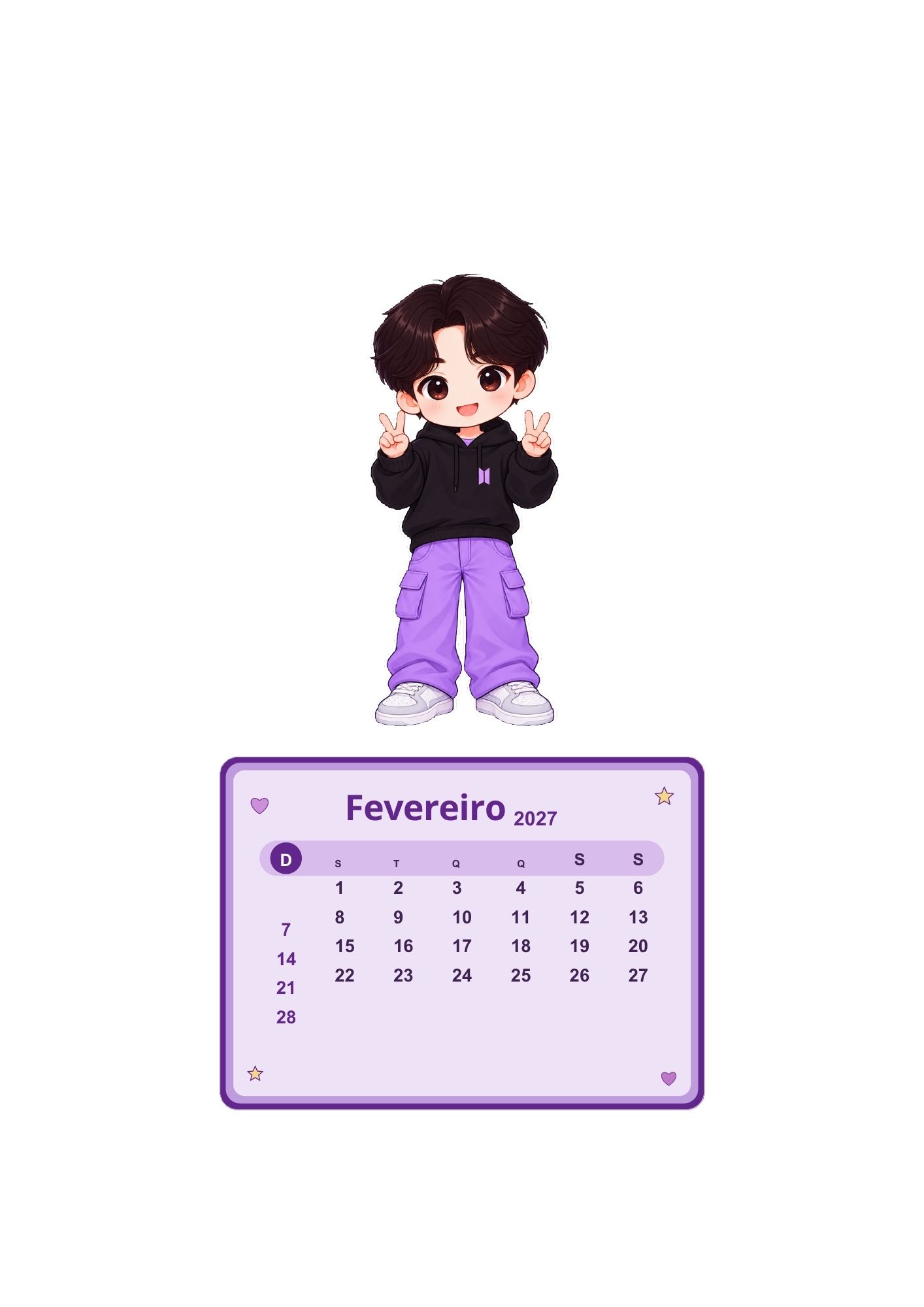 Calendário K-pop de fevereiro de 2027 com personagem inspirado em K-pop