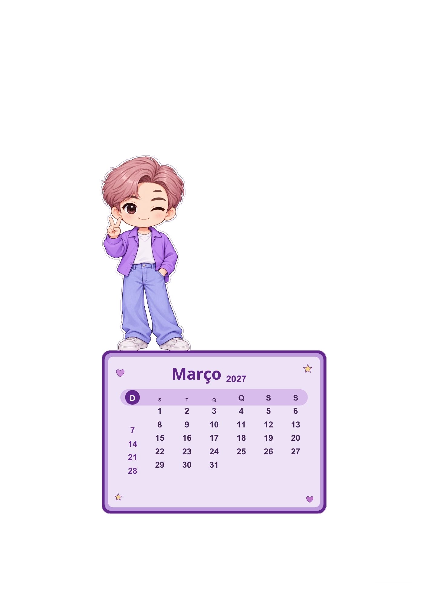 Calendário K-pop de março de 2027 com personagem inspirado em K-pop