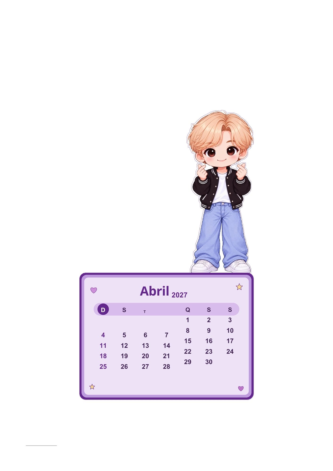 Calendário K-pop de abril de 2027 com personagem inspirado em K-pop