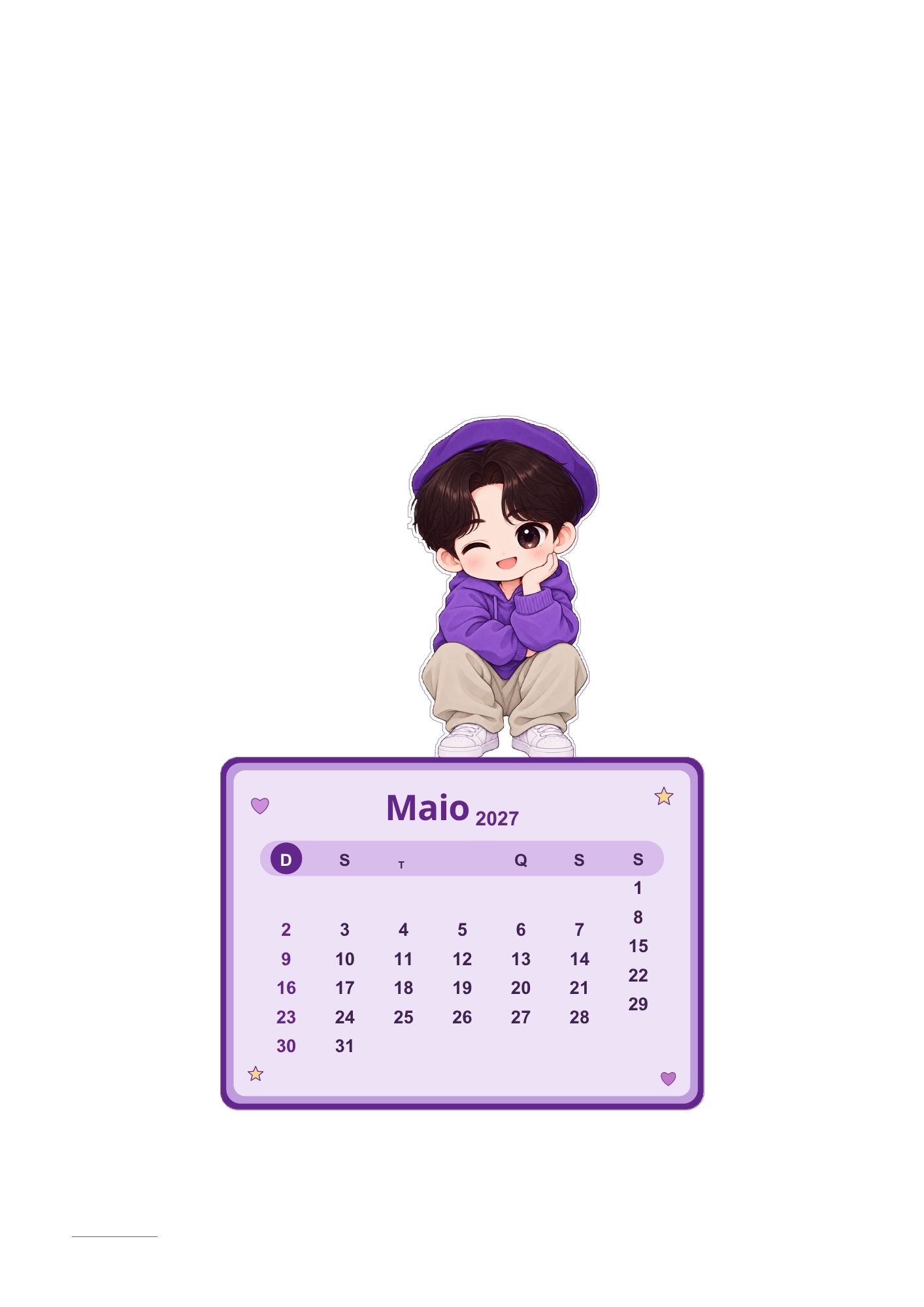 Calendário K-pop de maio de 2027 com personagem inspirado em K-pop