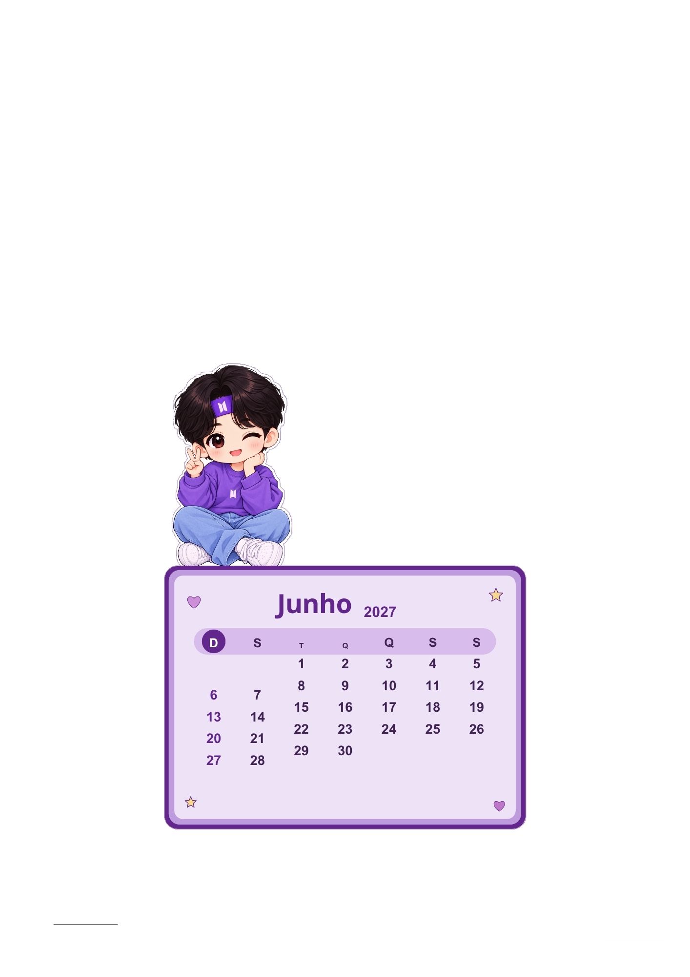 Calendário K-pop de junho de 2027 com personagem inspirado em K-pop