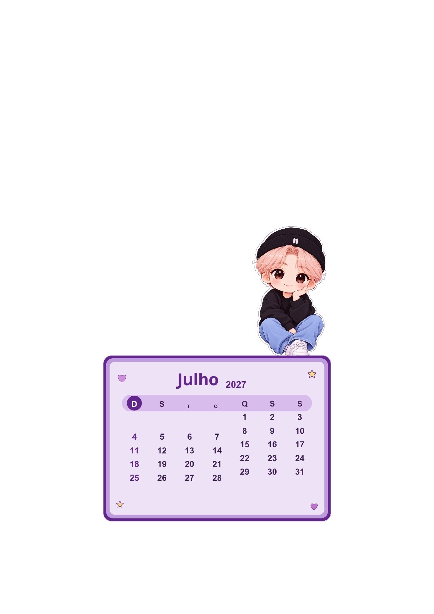 Calendário K-pop de julho de 2027 com personagem inspirado em K-pop