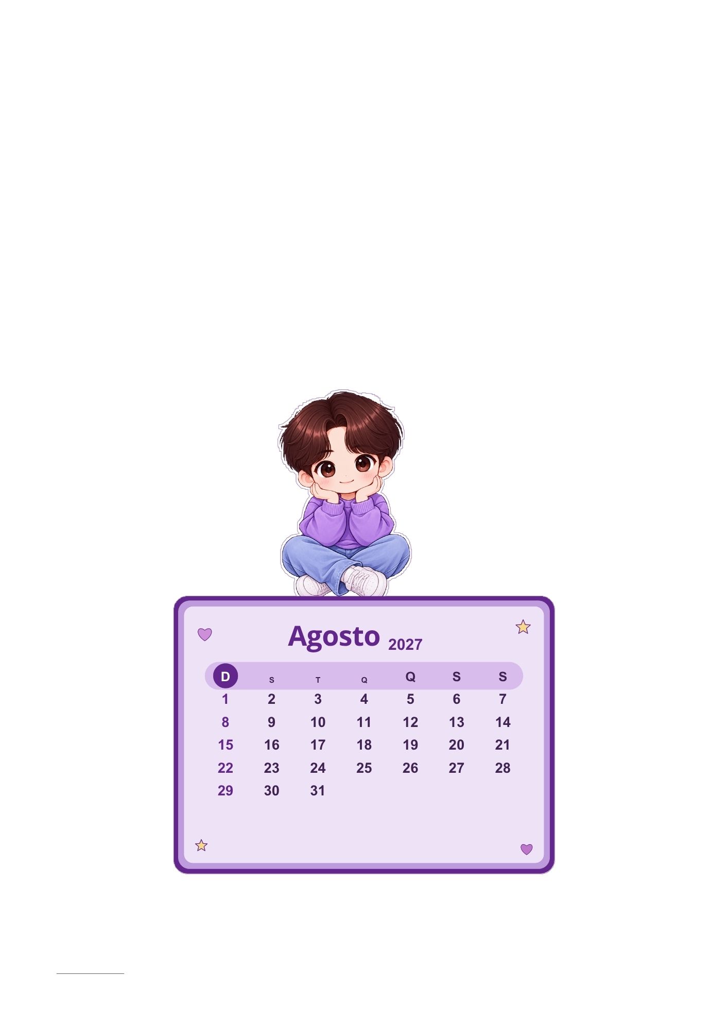 Calendário K-pop de agosto de 2027 com personagem inspirado em K-pop